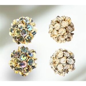 VINTAGE IRIDESCENT  BEADED  FLORAL CLIP ON EARRINGS UNIQUE 2 SETS PREOWNED